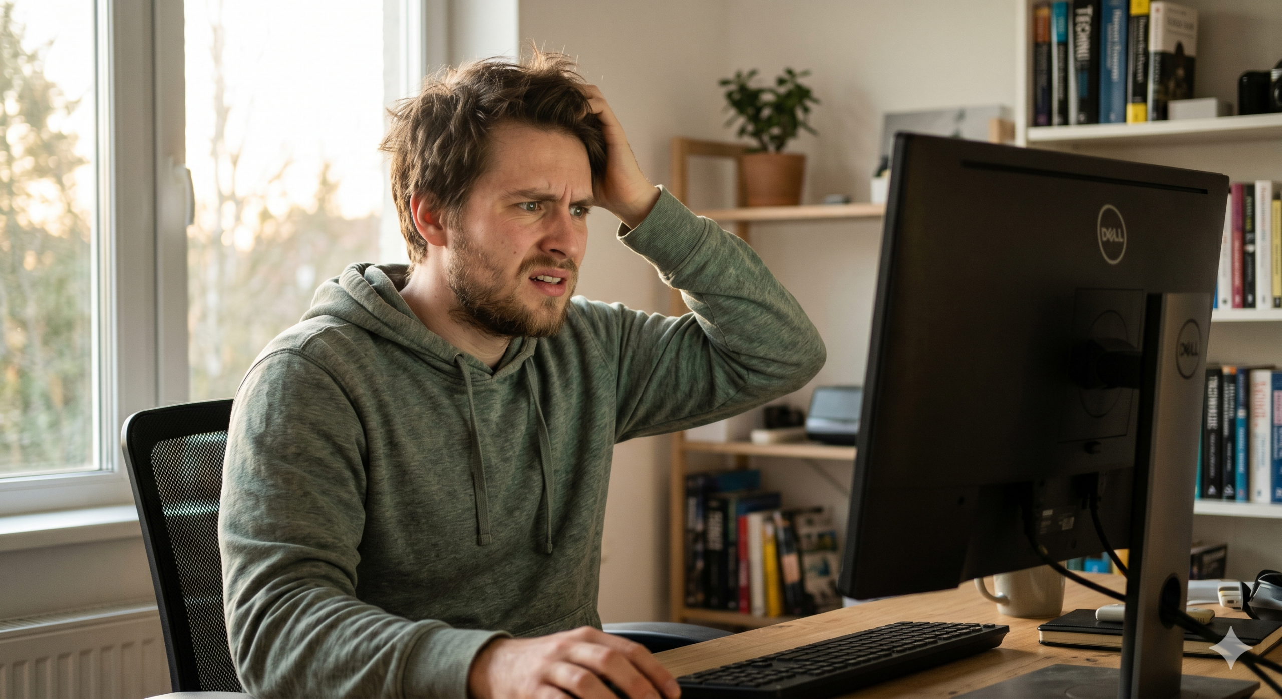 Confused man looking at computer