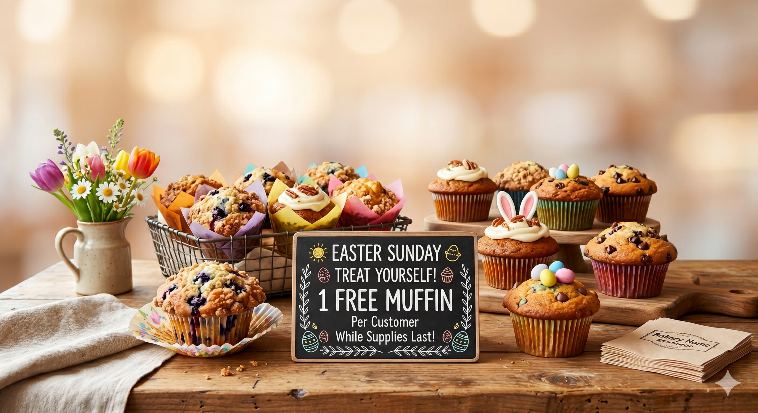 AI-generated image of muffins on a table with a sign discussing a free muffin promotion