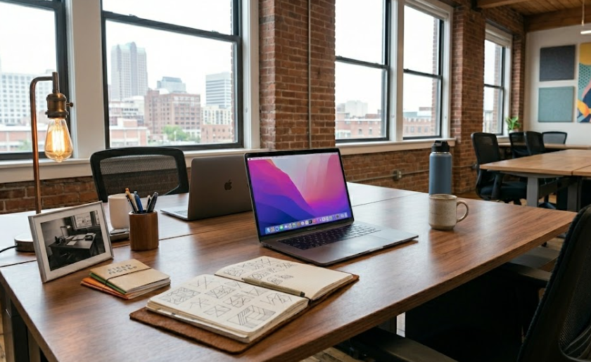 a computer in a coworking space